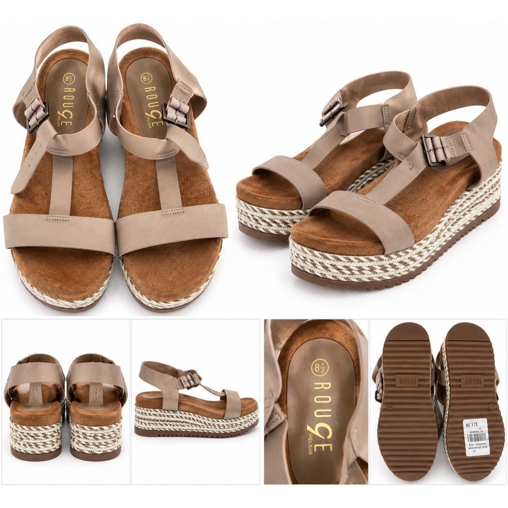 Rouge Helium Womens 8.5 Taupe Espadrille Platform Wedge Sandals Ankle Strap